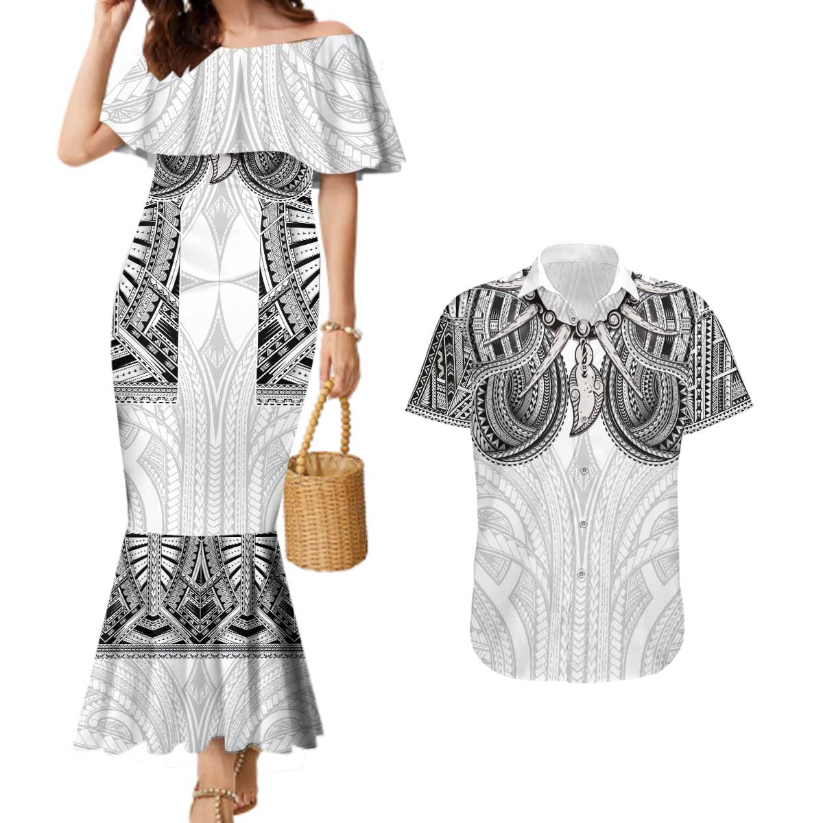 Samoan Traditional Art Tattoos Couples Matching Mermaid Dress and Hawaiian Shirt Tatau Tribal Motifs with Ula Nifo White - Polynesian Pride