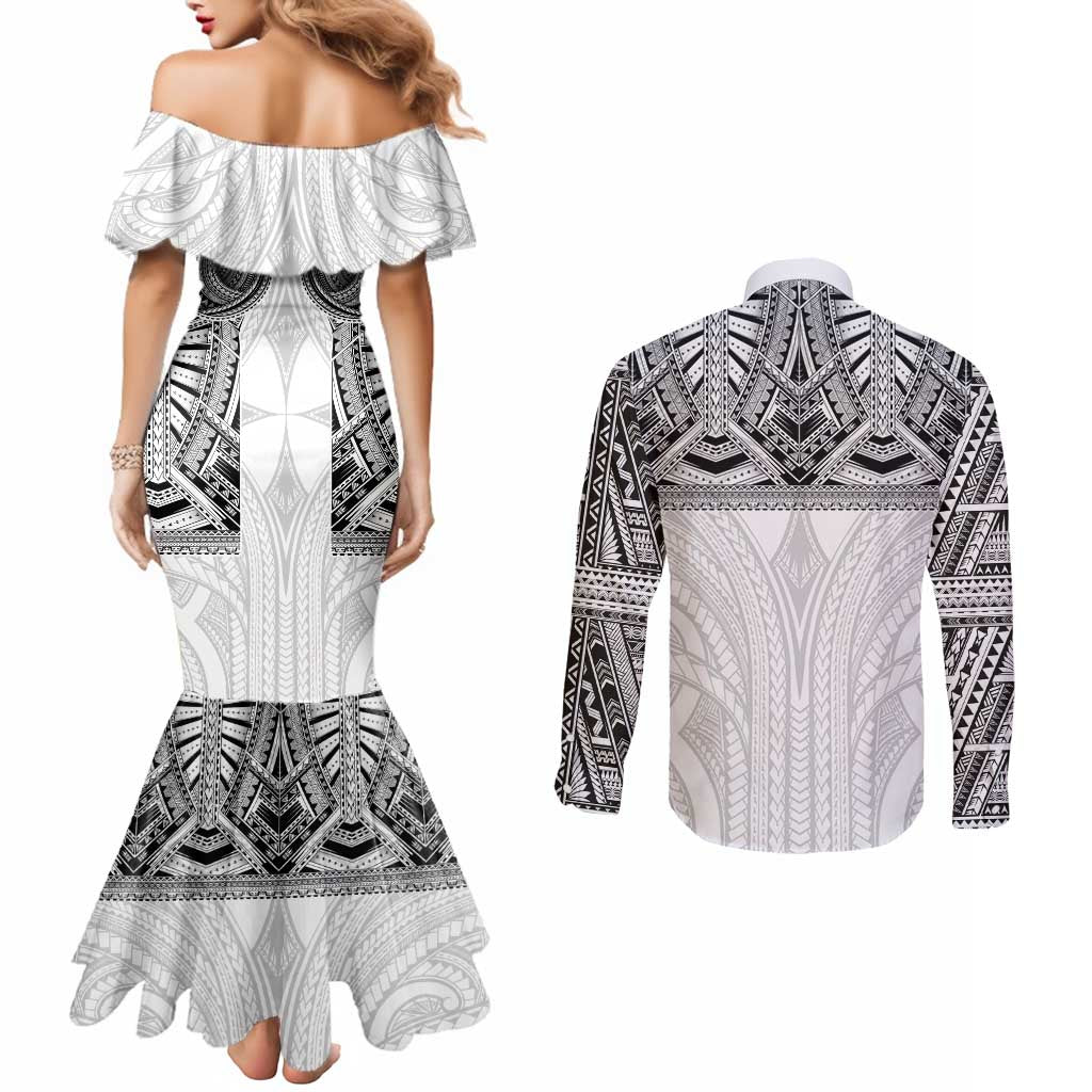 Samoan Traditional Art Tattoos Couples Matching Mermaid Dress and Long Sleeve Button Shirt Tatau Tribal Motifs with Ula Nifo White - Polynesian Pride