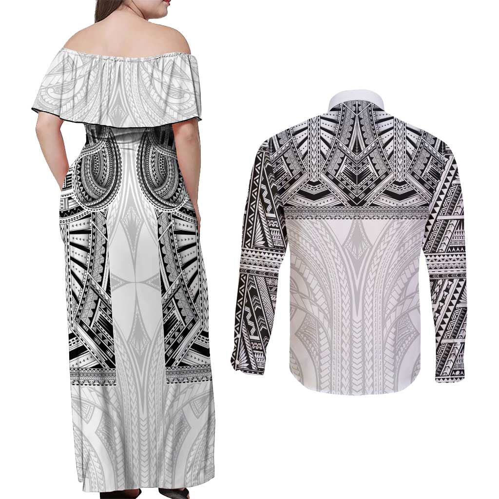 Samoan Traditional Art Tattoos Couples Matching Off Shoulder Maxi Dress and Long Sleeve Button Shirt Tatau Tribal Motifs with Ula Nifo White - Polynesian Pride