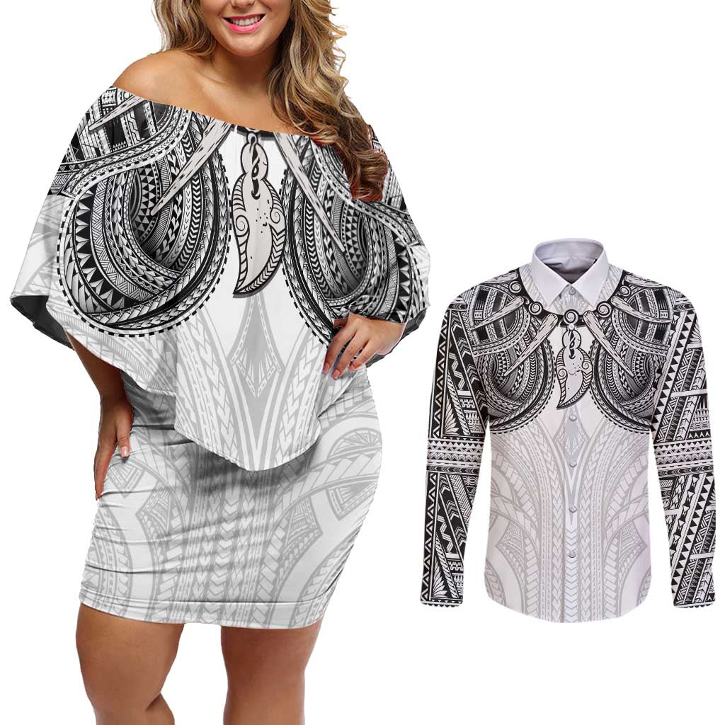 Samoan Traditional Art Tattoos Couples Matching Off Shoulder Short Dress and Long Sleeve Button Shirt Tatau Tribal Motifs with Ula Nifo White - Polynesian Pride