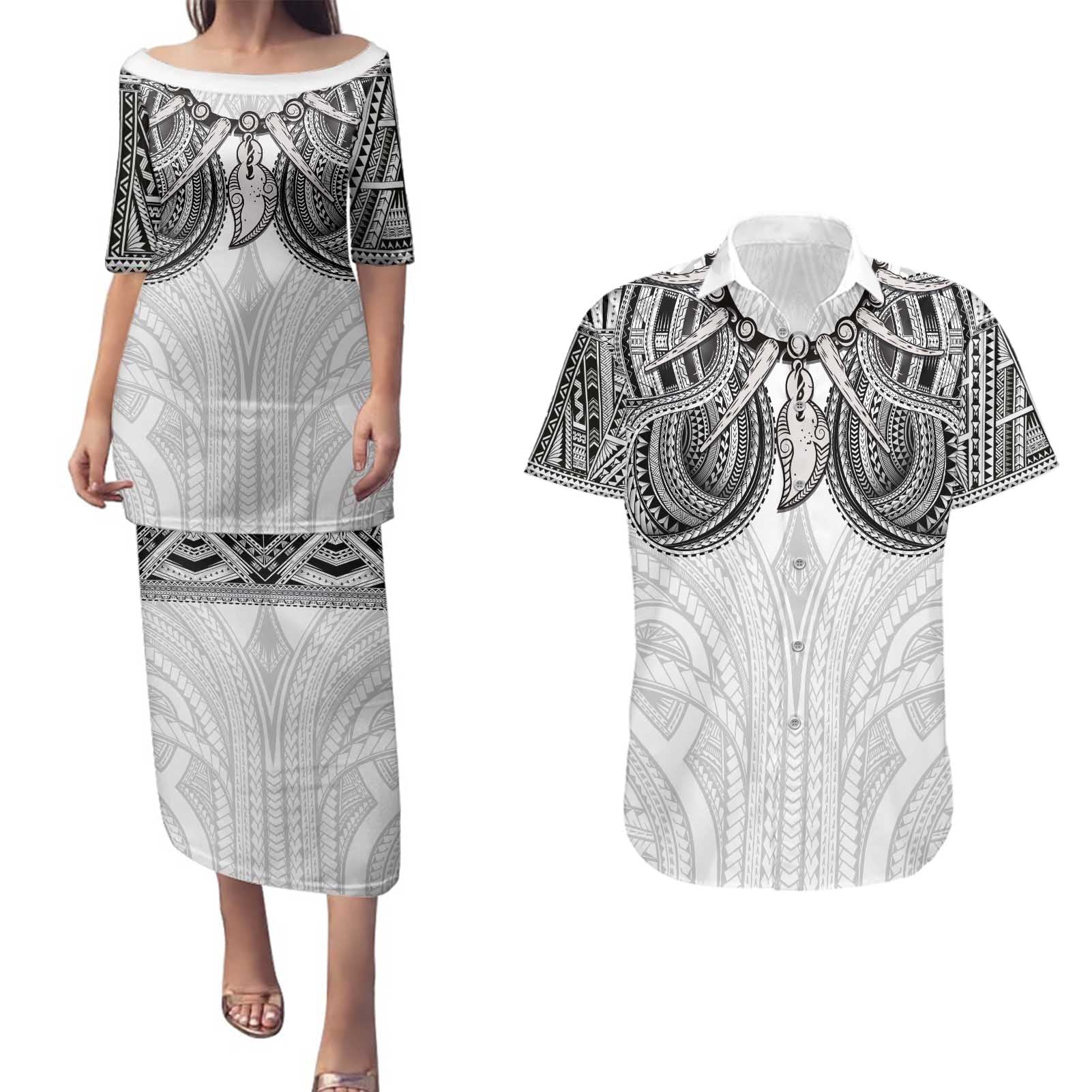 Samoan Traditional Art Tattoos Couples Matching Puletasi and Hawaiian Shirt Tatau Tribal Motifs with Ula Nifo White - Polynesian Pride