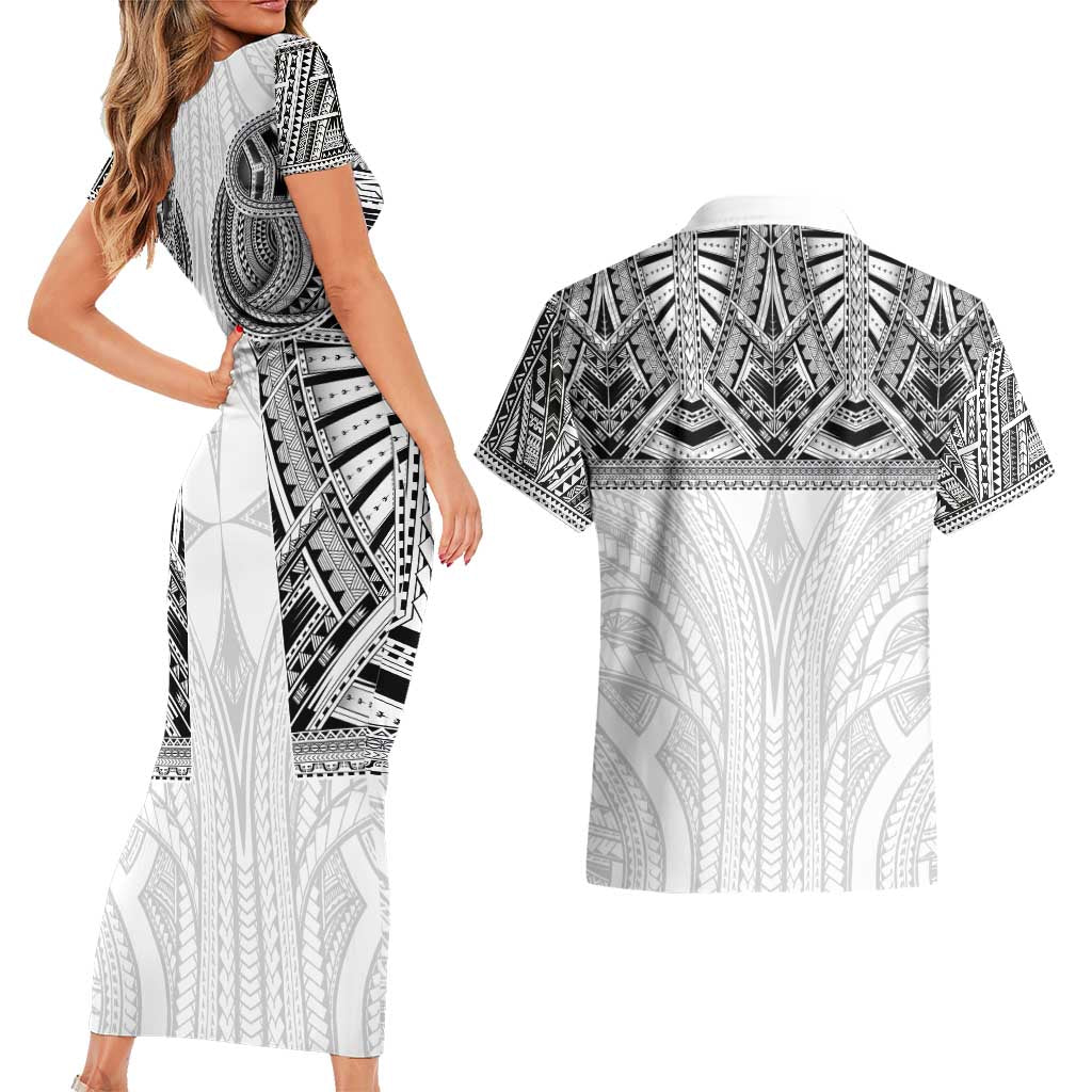 Samoan Traditional Art Tattoos Couples Matching Short Sleeve Bodycon Dress and Hawaiian Shirt Tatau Tribal Motifs with Ula Nifo White - Polynesian Pride