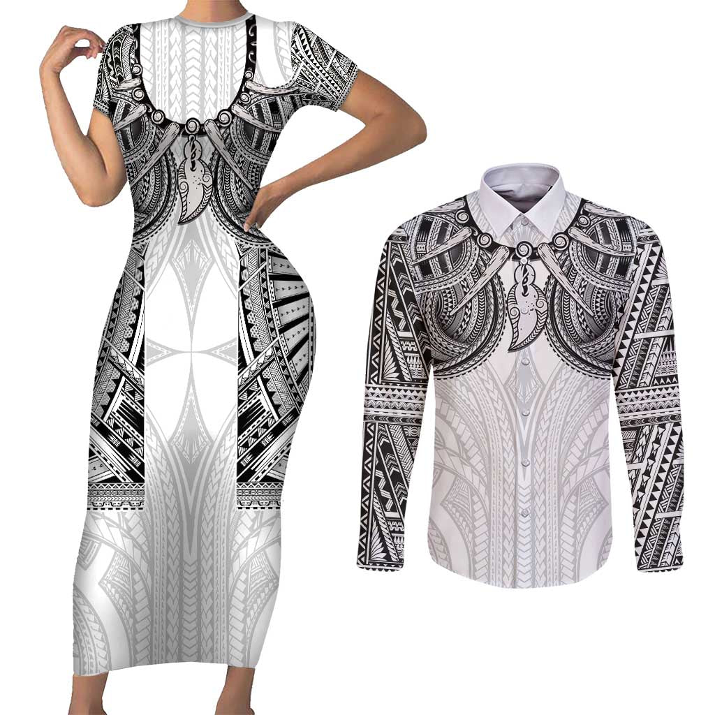 Samoan Traditional Art Tattoos Couples Matching Short Sleeve Bodycon Dress and Long Sleeve Button Shirt Tatau Tribal Motifs with Ula Nifo White - Polynesian Pride