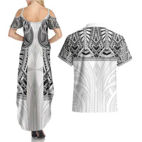 Samoan Traditional Art Tattoos Couples Matching Summer Maxi Dress and Hawaiian Shirt Tatau Tribal Motifs with Ula Nifo White - Polynesian Pride