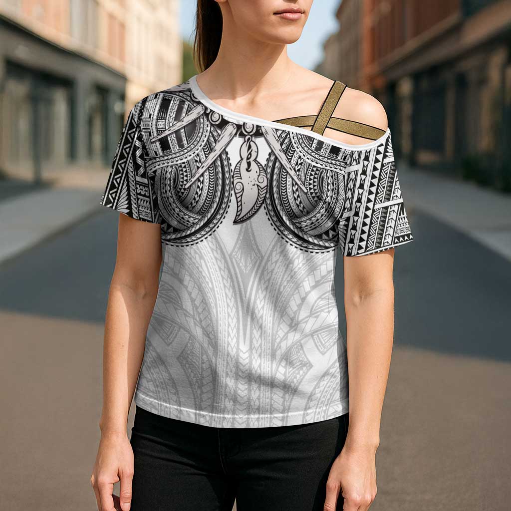 Samoan Traditional Art Tattoos Cross Shoulder Shirt Tatau Tribal Motifs with Ula Nifo White - Polynesian Pride