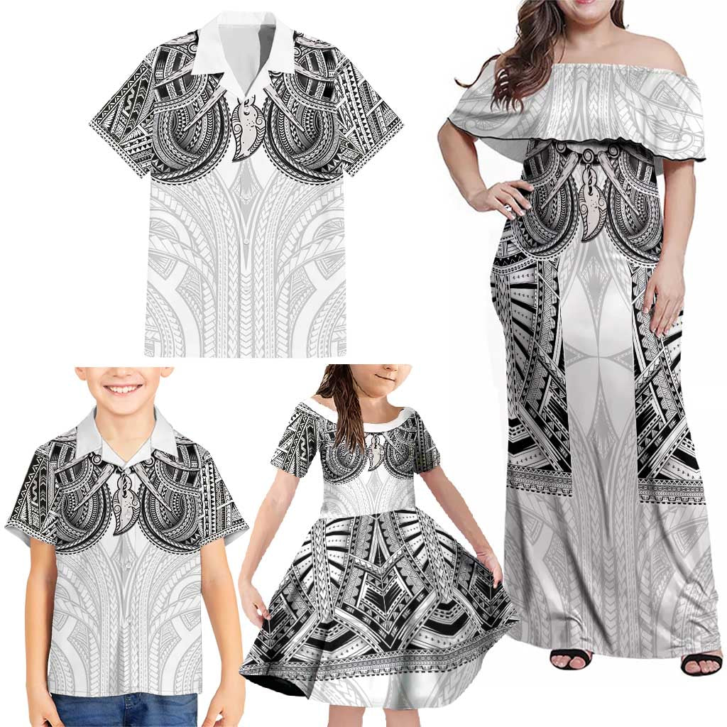Samoan Traditional Art Tattoos Family Matching Off Shoulder Maxi Dress and Hawaiian Shirt Tatau Tribal Motifs with Ula Nifo White - Polynesian Pride