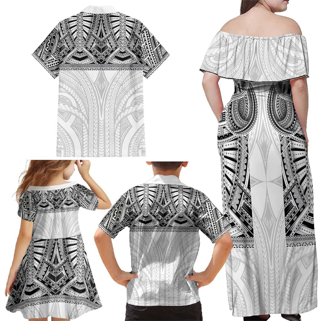 Samoan Traditional Art Tattoos Family Matching Off Shoulder Maxi Dress and Hawaiian Shirt Tatau Tribal Motifs with Ula Nifo White - Polynesian Pride