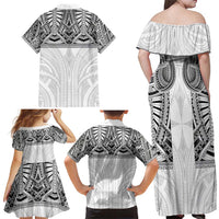 Samoan Traditional Art Tattoos Family Matching Off Shoulder Maxi Dress and Hawaiian Shirt Tatau Tribal Motifs with Ula Nifo White - Polynesian Pride