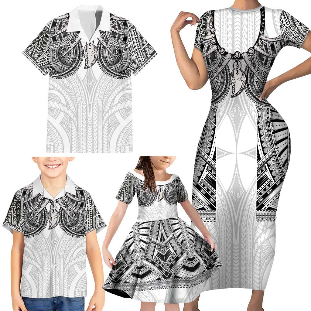 Samoan Traditional Art Tattoos Family Matching Short Sleeve Bodycon Dress and Hawaiian Shirt Tatau Tribal Motifs with Ula Nifo White - Polynesian Pride
