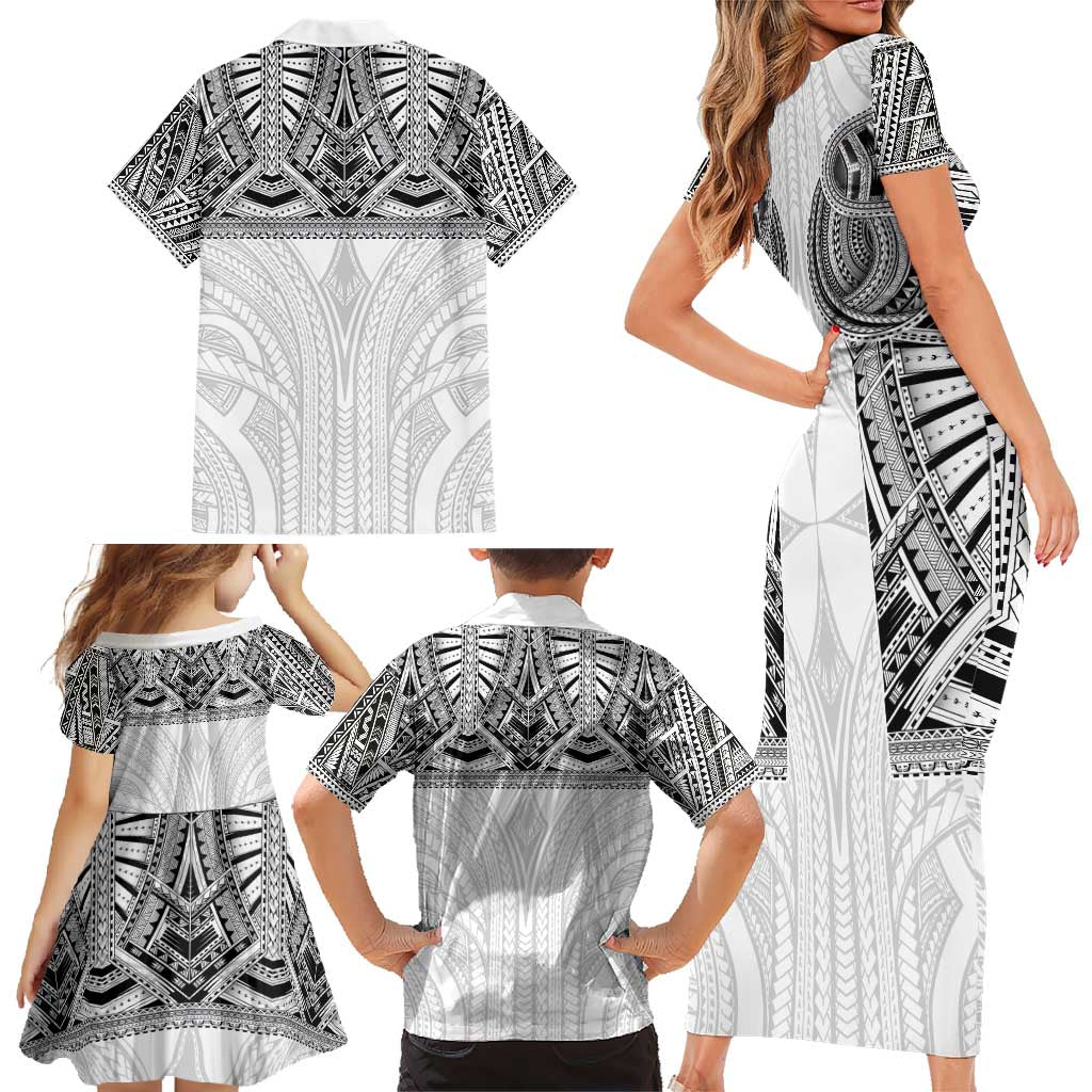 Samoan Traditional Art Tattoos Family Matching Short Sleeve Bodycon Dress and Hawaiian Shirt Tatau Tribal Motifs with Ula Nifo White - Polynesian Pride