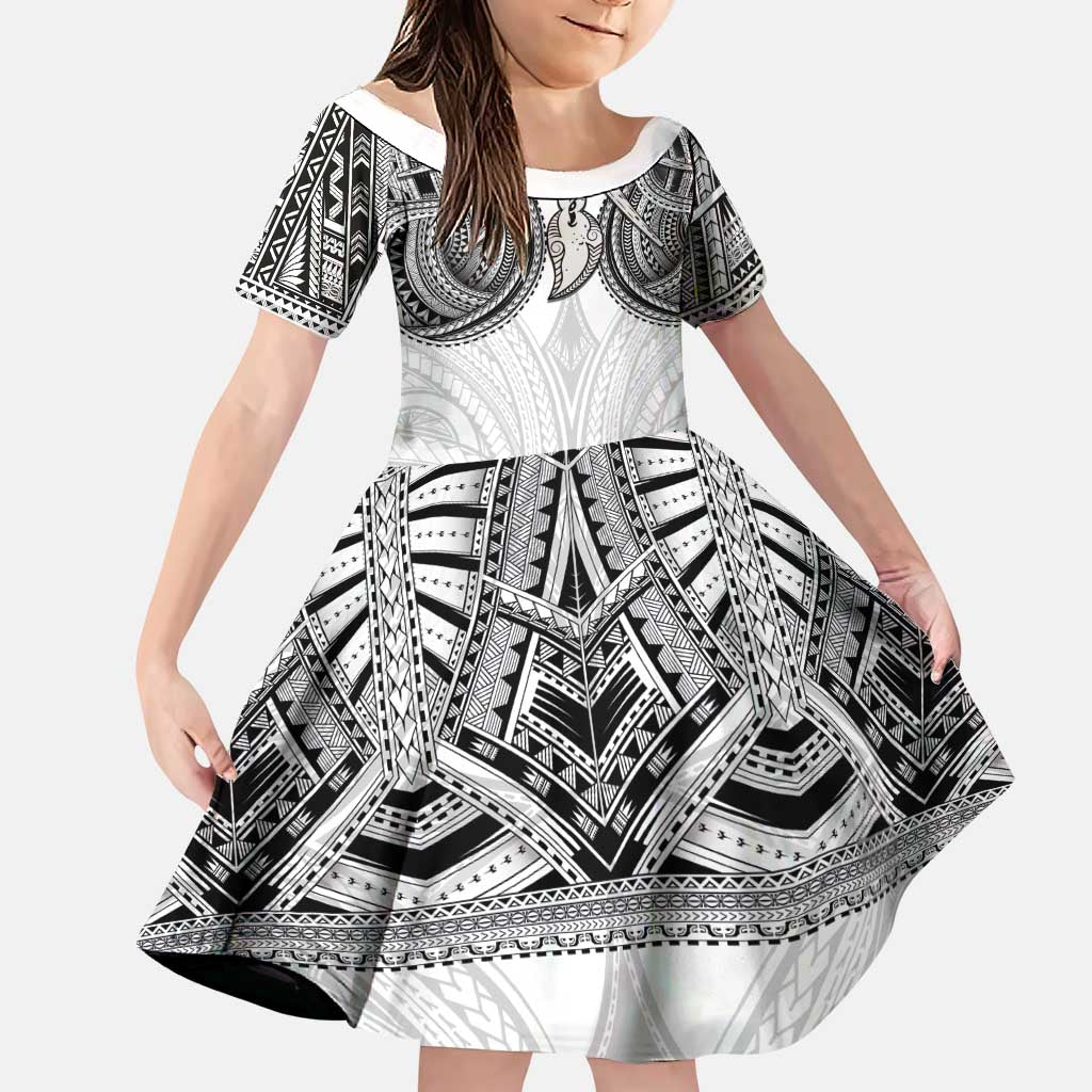 Samoan Traditional Art Tattoos Family Matching Tank Maxi Dress and Hawaiian Shirt Tatau Tribal Motifs with Ula Nifo White LT03 Daughter's Dress White - Polynesian Pride