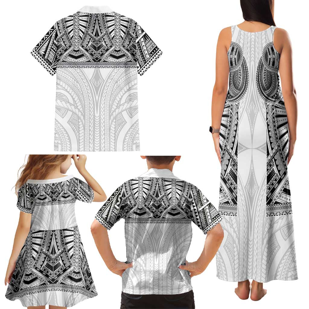 Samoan Traditional Art Tattoos Family Matching Tank Maxi Dress and Hawaiian Shirt Tatau Tribal Motifs with Ula Nifo White LT03 - Polynesian Pride