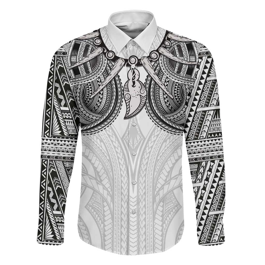 Samoan Traditional Art Tattoos Family Matching Tank Maxi Dress and Hawaiian Shirt Tatau Tribal Motifs with Ula Nifo White LT03 Dad's Shirt - Long Sleeve White - Polynesian Pride