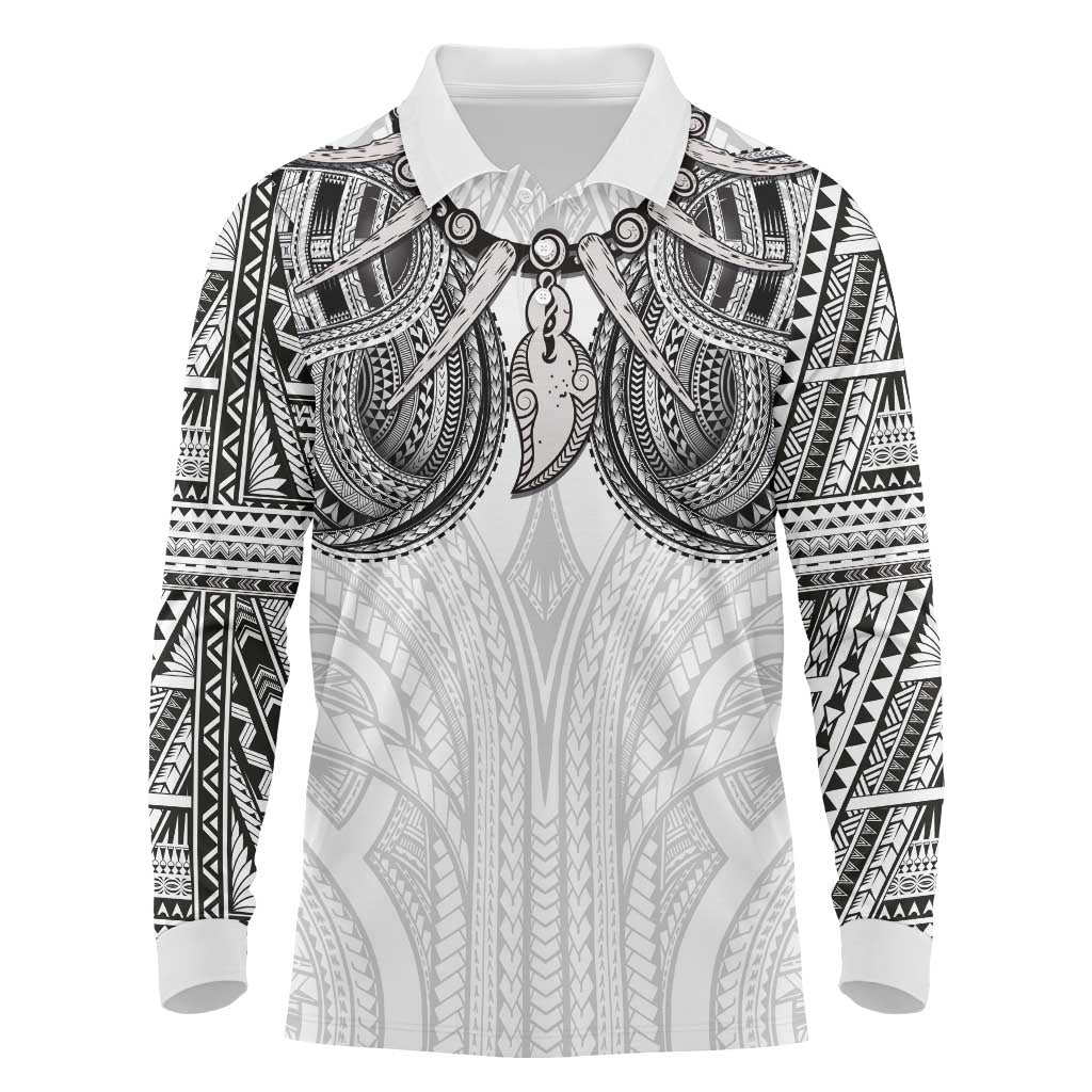 Samoan Traditional Art Tattoos Long Sleeve Polo Shirt Tatau Tribal Motifs with Ula Nifo White LT03 White - Polynesian Pride