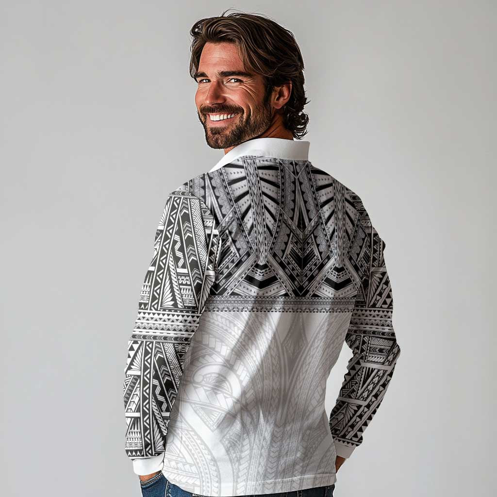 Samoan Traditional Art Tattoos Long Sleeve Polo Shirt Tatau Tribal Motifs with Ula Nifo White LT03 - Polynesian Pride