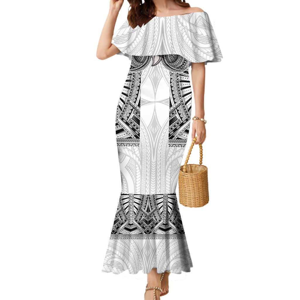 Samoan Traditional Art Tattoos Mermaid Dress Tatau Tribal Motifs with Ula Nifo White - Polynesian Pride