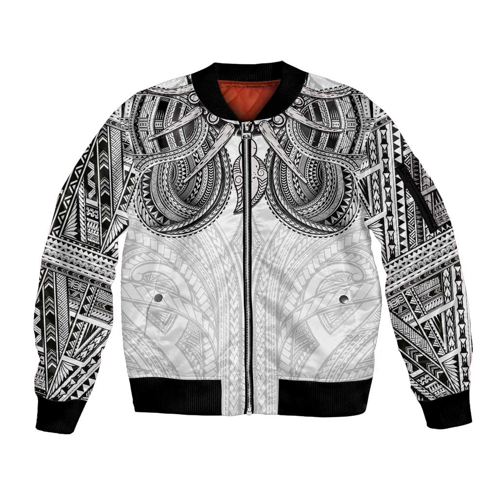 Samoan Traditional Art Tattoos Sleeve Zip Bomber Jacket Tatau Tribal Motifs with Ula Nifo White - Polynesian Pride