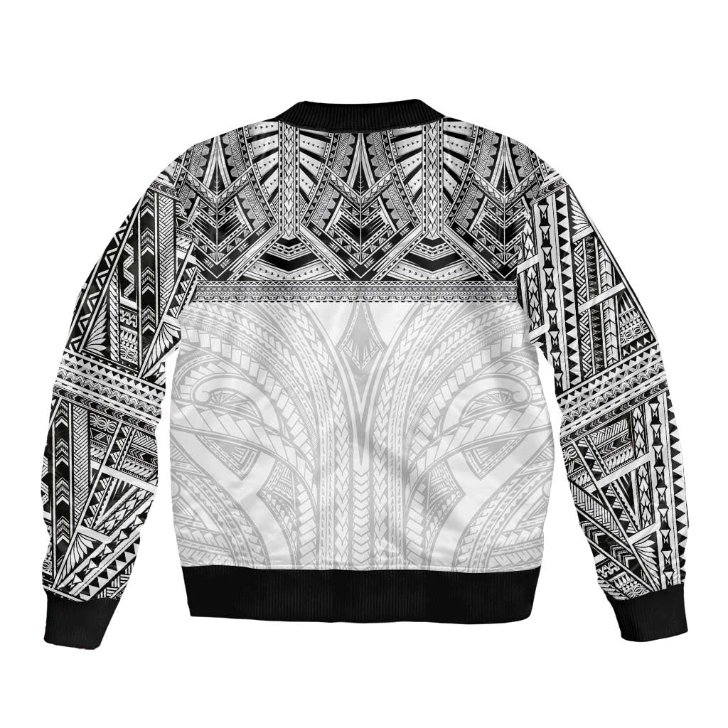 Samoan Traditional Art Tattoos Sleeve Zip Bomber Jacket Tatau Tribal Motifs with Ula Nifo White - Polynesian Pride