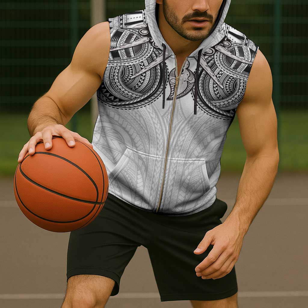 Samoan Traditional Art Tattoos Sleeveless Zip Hoodie Tatau Tribal Motifs with Ula Nifo White - Polynesian Pride
