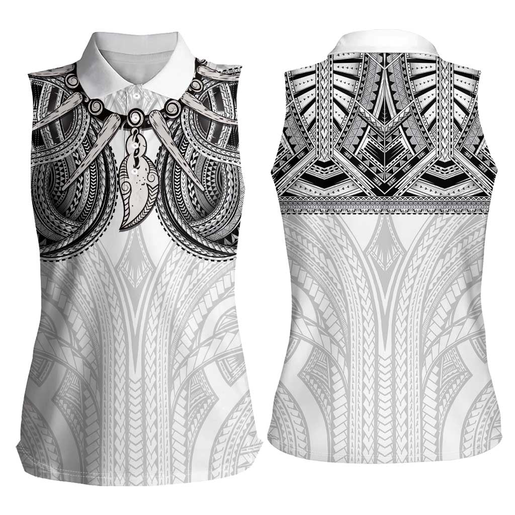 Samoan Traditional Art Tattoos Women Sleeveless Polo Shirt Tatau Tribal Motifs with Ula Nifo White LT03 - Polynesian Pride