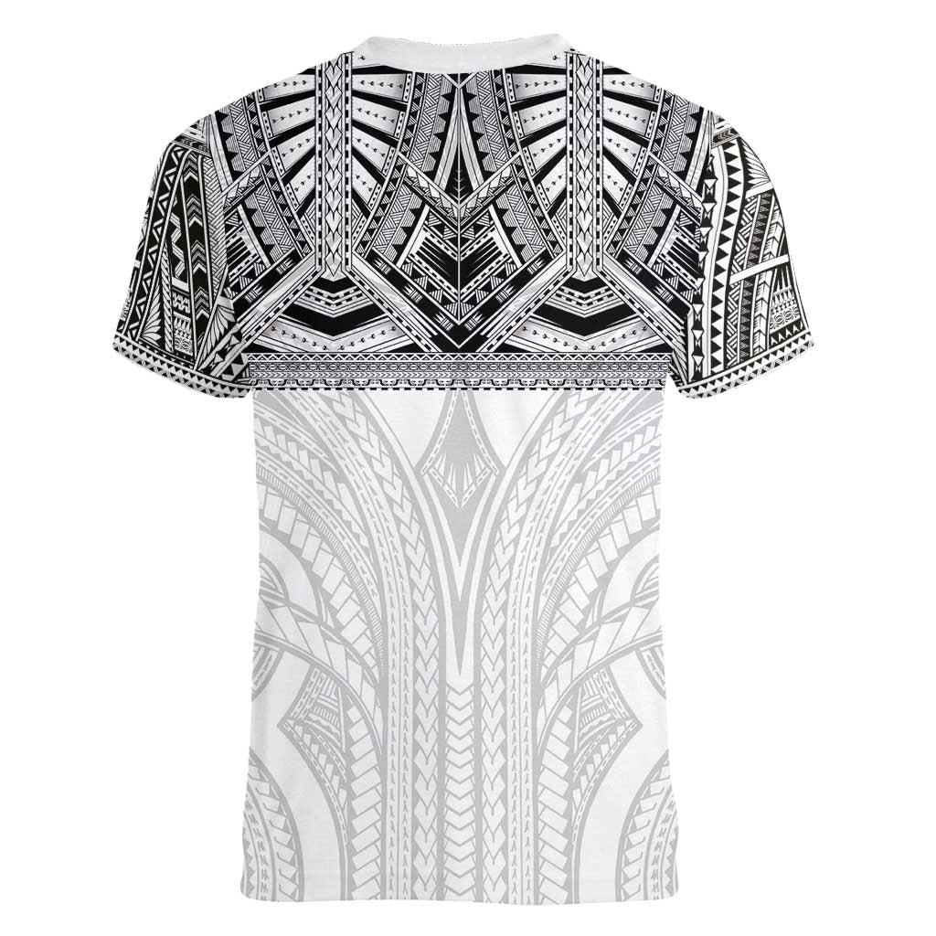 Samoan Traditional Art Tattoos Women V-Neck T-Shirt Tatau Tribal Motifs with Ula Nifo White - Polynesian Pride