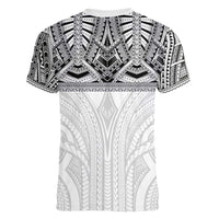 Samoan Traditional Art Tattoos Women V-Neck T-Shirt Tatau Tribal Motifs with Ula Nifo White - Polynesian Pride