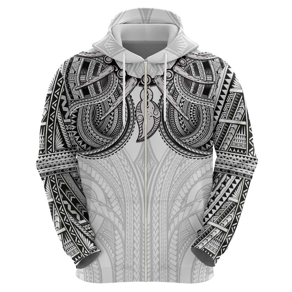 Samoan Traditional Art Tattoos Zip Hoodie Tatau Tribal Motifs with Ula Nifo White - Polynesian Pride