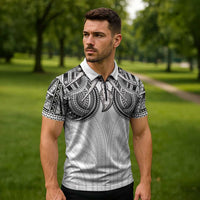 Samoan Traditional Art Tattoos Zipper Polo Shirt Tatau Tribal Motifs with Ula Nifo White LT03 - Polynesian Pride