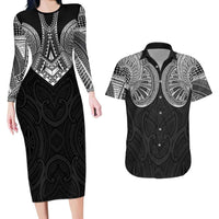 Samoan Traditional Art Tattoos Couples Matching Long Sleeve Bodycon Dress and Hawaiian Shirt Tatau Roman Reigns Black Color LT03 Black - Polynesian Pride