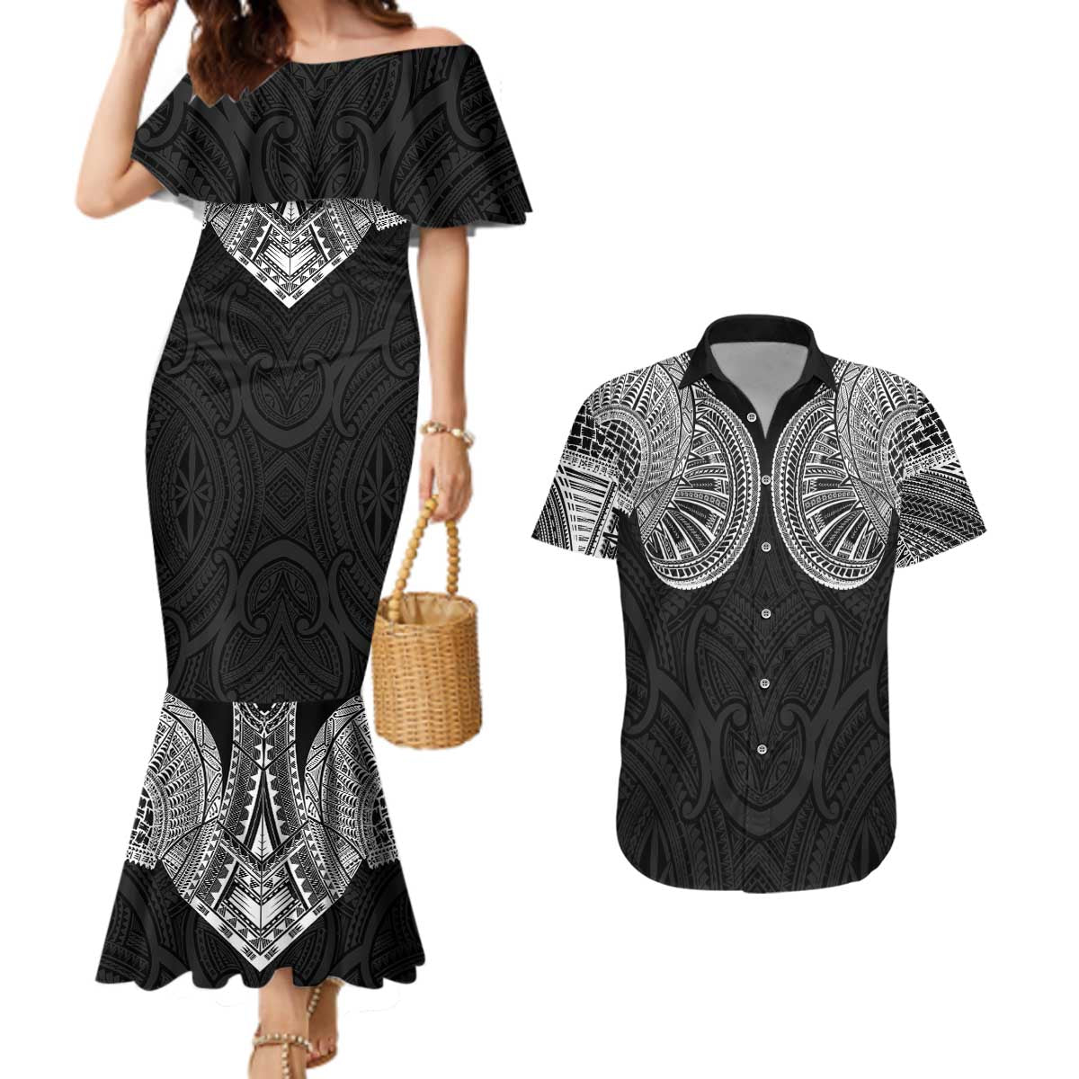Samoan Traditional Art Tattoos Couples Matching Mermaid Dress and Hawaiian Shirt Tatau Roman Reigns Black Color LT03 Black - Polynesian Pride