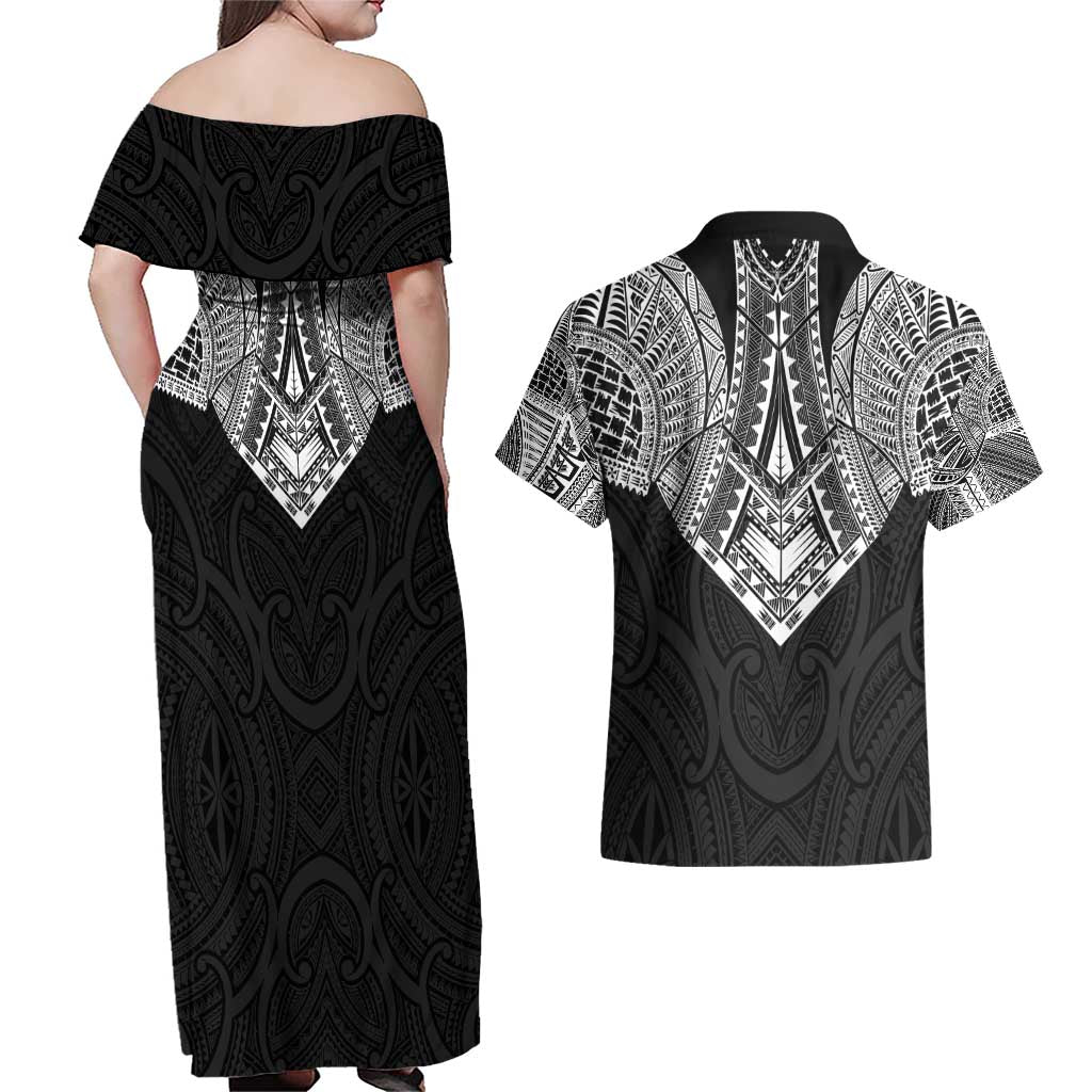 Samoan Traditional Art Tattoos Couples Matching Off Shoulder Maxi Dress and Hawaiian Shirt Tatau Roman Reigns Black Color - Polynesian Pride