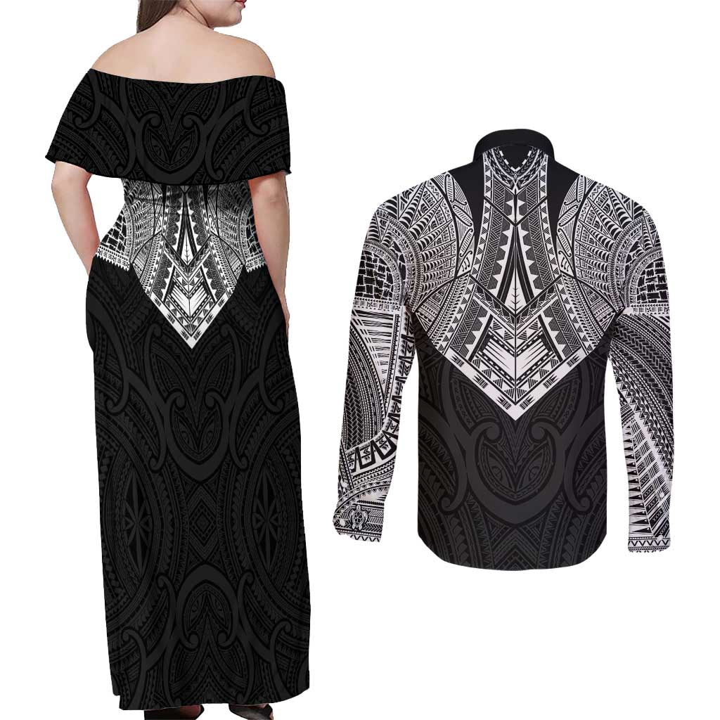 Samoan Traditional Art Tattoos Couples Matching Off Shoulder Maxi Dress and Long Sleeve Button Shirt Tatau Roman Reigns Black Color - Polynesian Pride