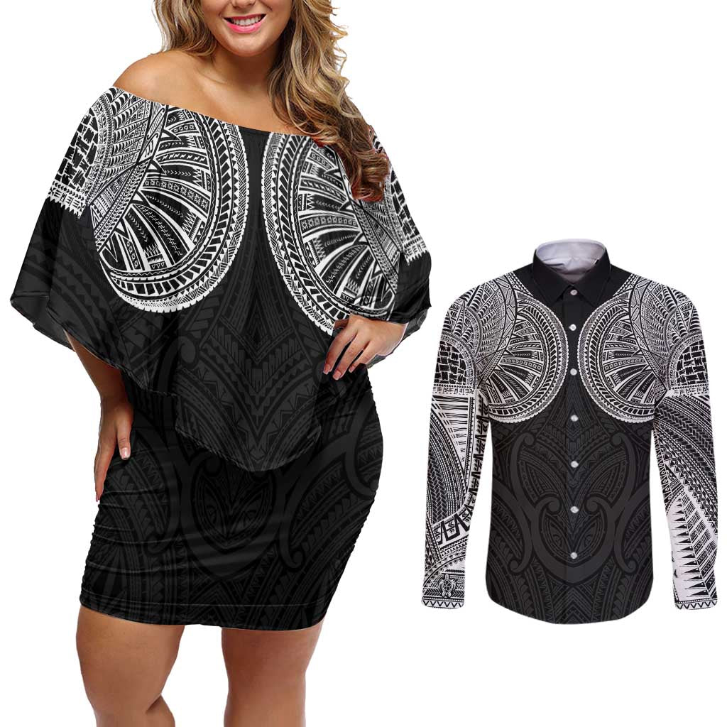 Samoan Traditional Art Tattoos Couples Matching Off Shoulder Short Dress and Long Sleeve Button Shirt Tatau Roman Reigns Black Color - Polynesian Pride