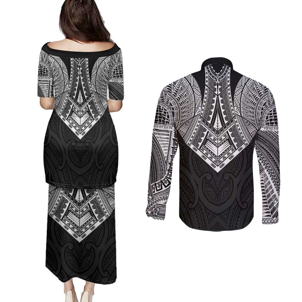 Samoan Traditional Art Tattoos Couples Matching Puletasi and Long Sleeve Button Shirt Tatau Roman Reigns Black Color - Polynesian Pride