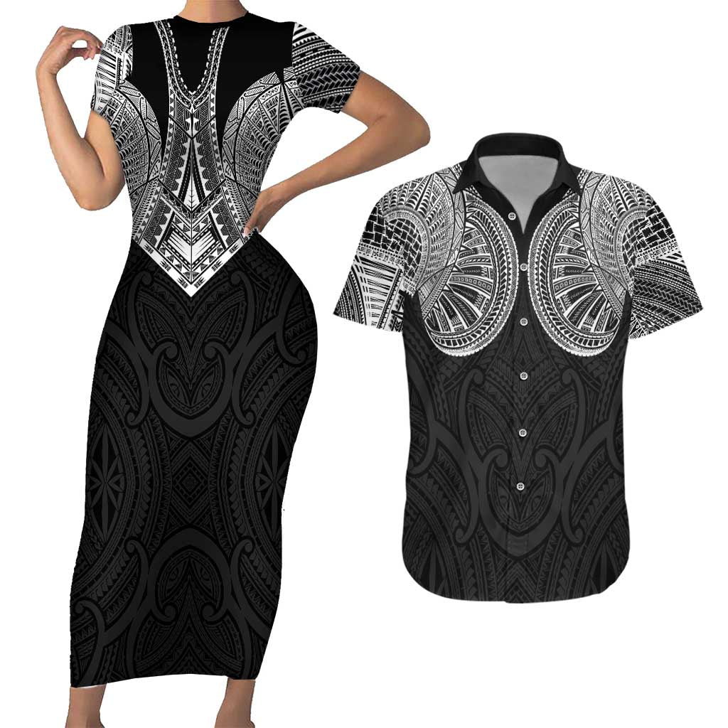 Samoan Traditional Art Tattoos Couples Matching Short Sleeve Bodycon Dress and Hawaiian Shirt Tatau Roman Reigns Black Color LT03 Black - Polynesian Pride