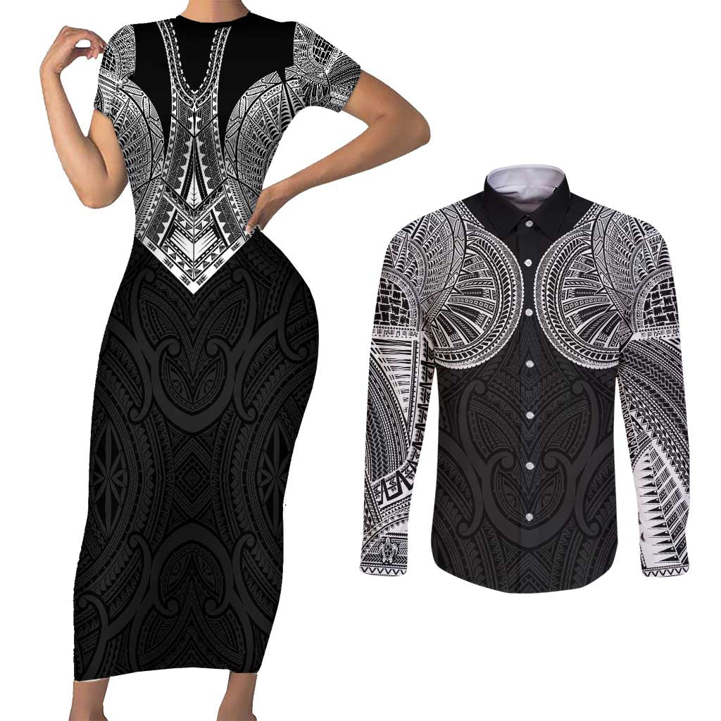 Samoan Traditional Art Tattoos Couples Matching Short Sleeve Bodycon Dress and Long Sleeve Button Shirt Tatau Roman Reigns Black Color - Polynesian Pride