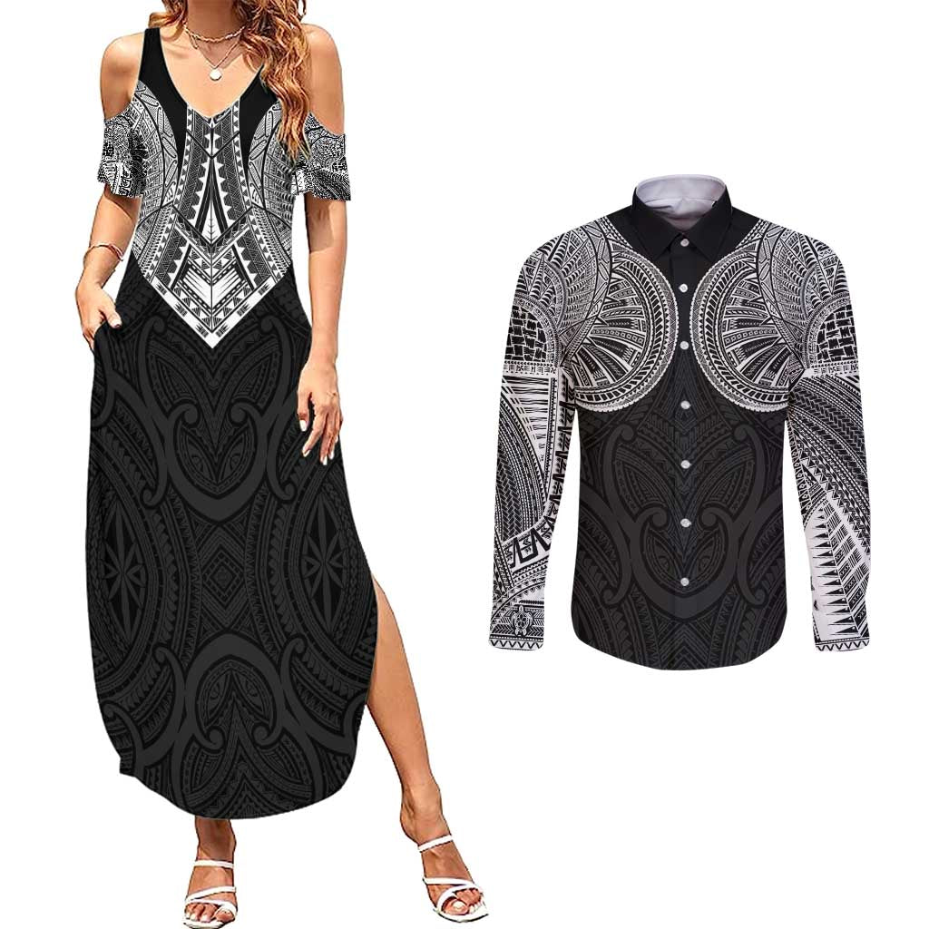 Samoan Traditional Art Tattoos Couples Matching Summer Maxi Dress and Long Sleeve Button Shirt Tatau Roman Reigns Black Color - Polynesian Pride