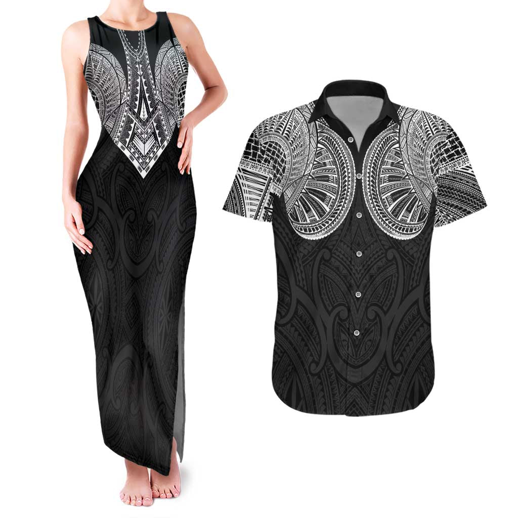 Samoan Traditional Art Tattoos Couples Matching Tank Maxi Dress and Hawaiian Shirt Tatau Roman Reigns Black Color LT03 Black - Polynesian Pride