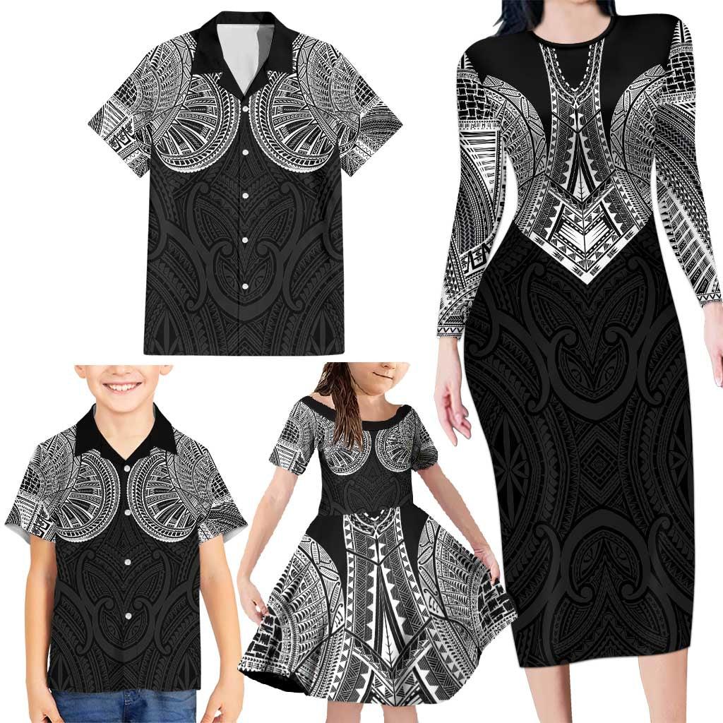 Samoan Traditional Art Tattoos Family Matching Long Sleeve Bodycon Dress and Hawaiian Shirt Tatau Roman Reigns Black Color - Polynesian Pride