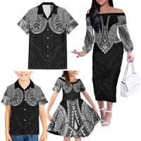 Samoan Traditional Art Tattoos Family Matching Off The Shoulder Long Sleeve Dress and Hawaiian Shirt Tatau Roman Reigns Black Color - Polynesian Pride