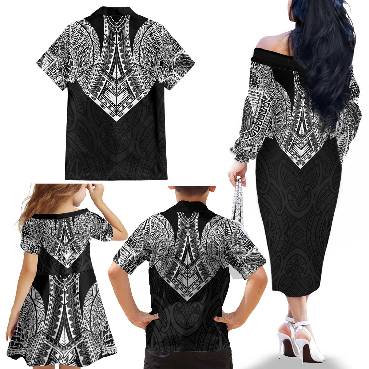 Samoan Traditional Art Tattoos Family Matching Off The Shoulder Long Sleeve Dress and Hawaiian Shirt Tatau Roman Reigns Black Color - Polynesian Pride