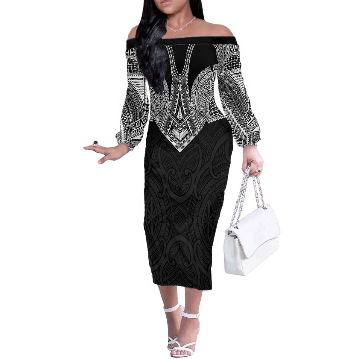 Samoan Traditional Art Tattoos Family Matching Off The Shoulder Long Sleeve Dress and Hawaiian Shirt Tatau Roman Reigns Black Color - Polynesian Pride