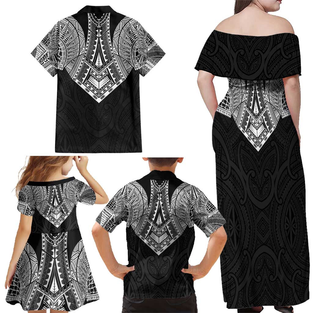 Samoan Traditional Art Tattoos Family Matching Off Shoulder Maxi Dress and Hawaiian Shirt Tatau Roman Reigns Black Color - Polynesian Pride