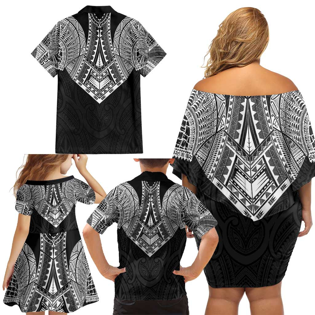 Samoan Traditional Art Tattoos Family Matching Off Shoulder Short Dress and Hawaiian Shirt Tatau Roman Reigns Black Color - Polynesian Pride