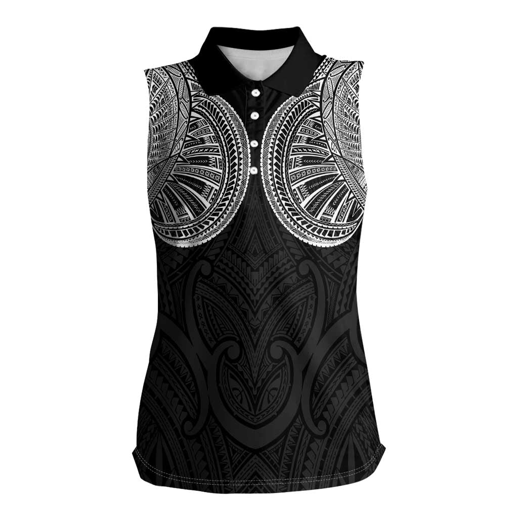 Samoan Traditional Art Tattoos Women Sleeveless Polo Shirt Tatau Roman Reigns Black Color LT03 Female Black - Polynesian Pride