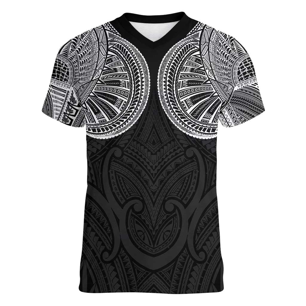 Samoan Traditional Art Tattoos Women V-Neck T-Shirt Tatau Roman Reigns Black Color - Polynesian Pride