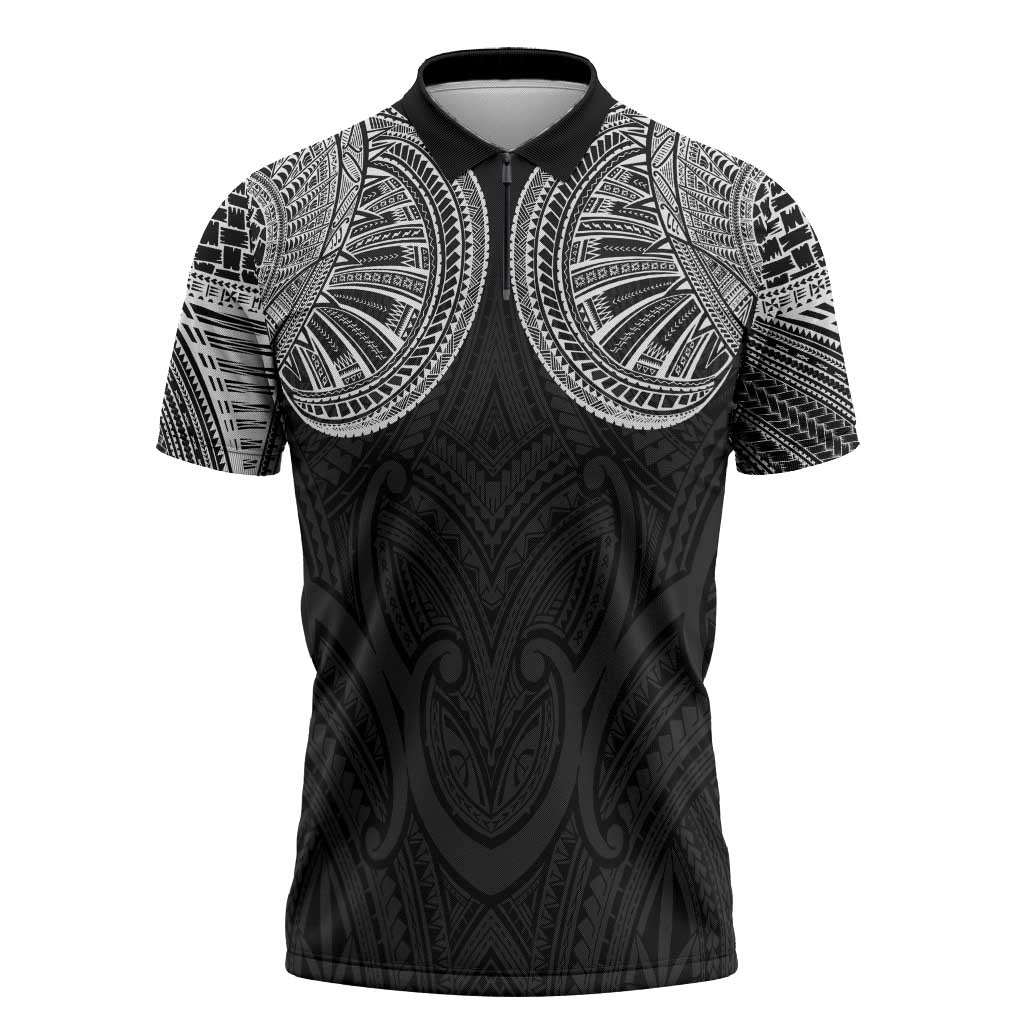 Samoan Traditional Art Tattoos Zipper Polo Shirt Tatau Roman Reigns Black Color - Polynesian Pride