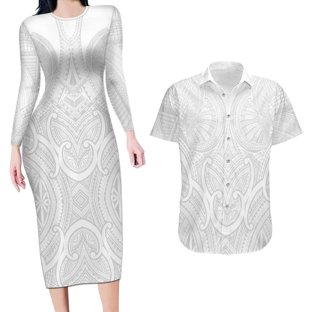 Samoan Traditional Art Tattoos Couples Matching Long Sleeve Bodycon Dress and Hawaiian Shirt Tatau Roman Reigns White Color LT03 White - Polynesian Pride