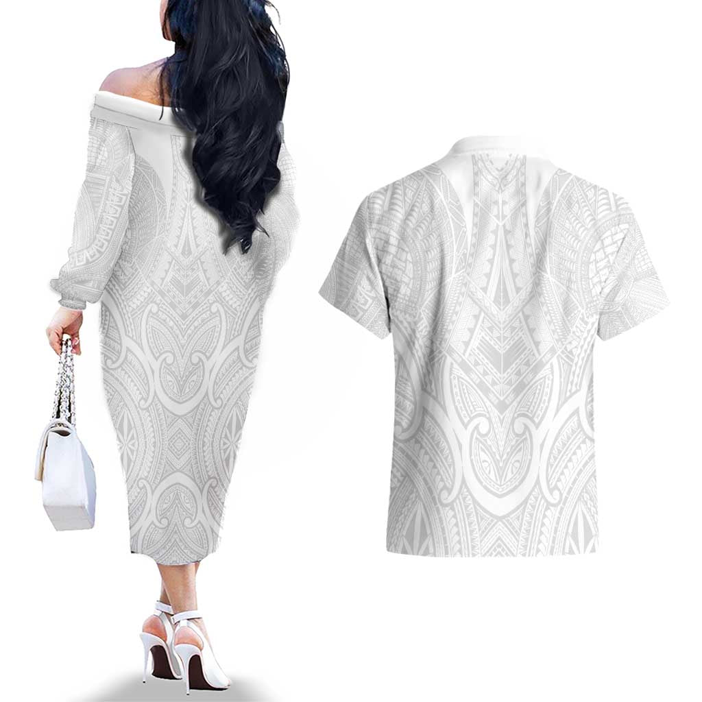 Samoan Traditional Art Tattoos Couples Matching Off The Shoulder Long Sleeve Dress and Hawaiian Shirt Tatau Roman Reigns White Color - Polynesian Pride