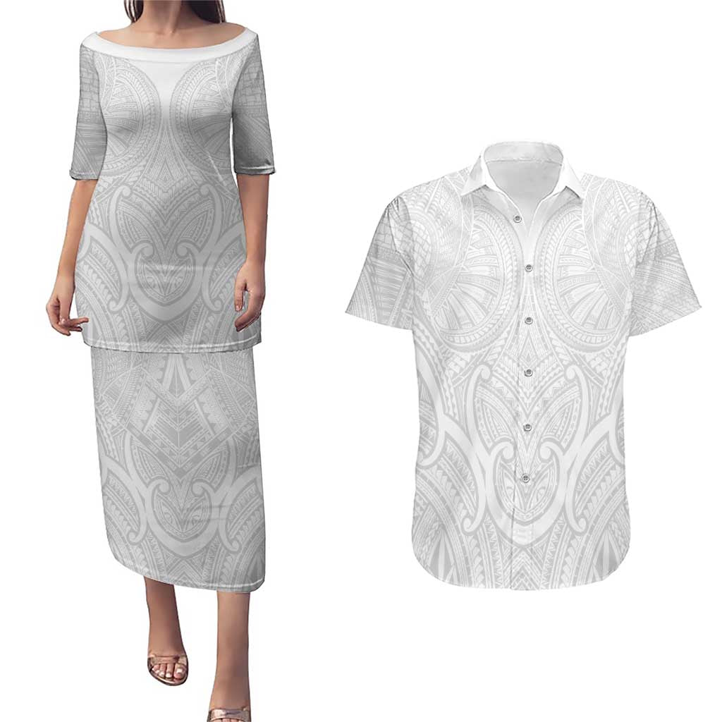 Samoan Traditional Art Tattoos Couples Matching Puletasi and Hawaiian Shirt Tatau Roman Reigns White Color LT03 White - Polynesian Pride